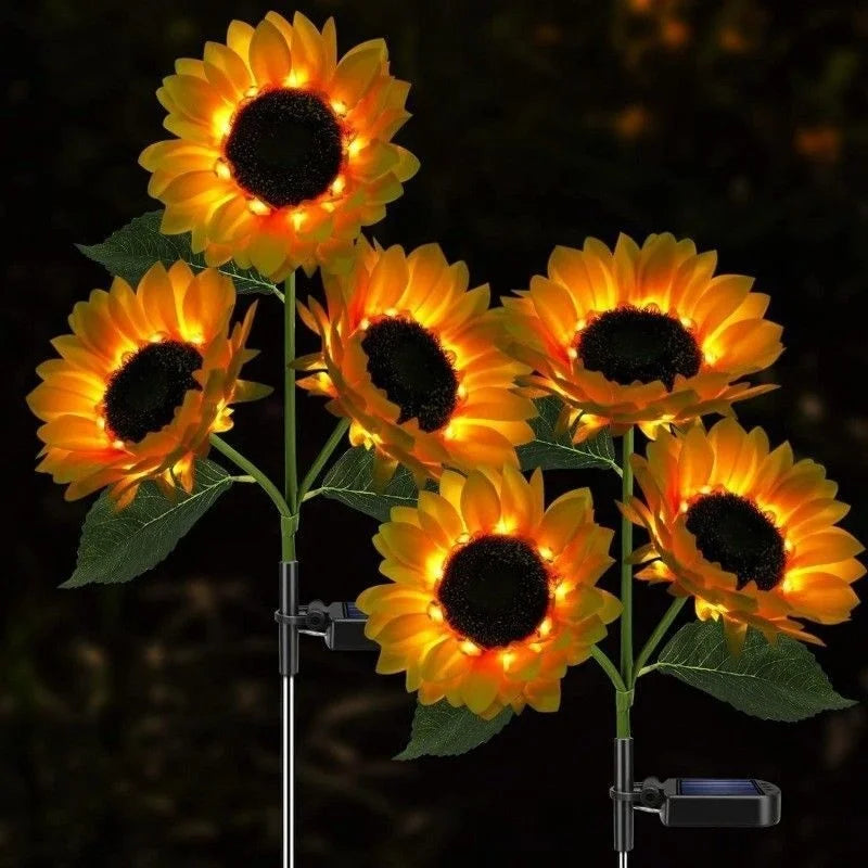 lampe solaire tournesol fleurs jaune feuilles vertes moderne clips métalliques solstice été décoration extérieure