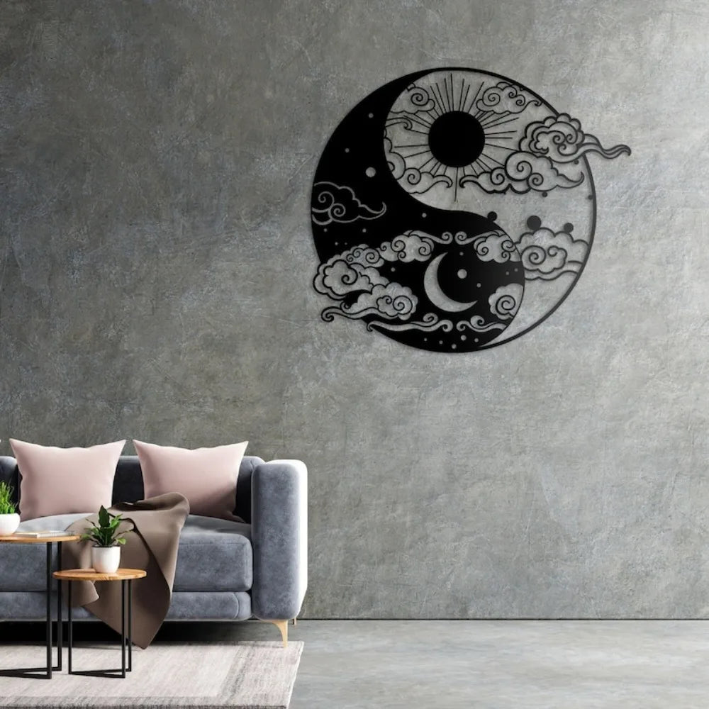 décoration murale yin yang noir blanc nuages stylisés contemporain métal 25x30cm