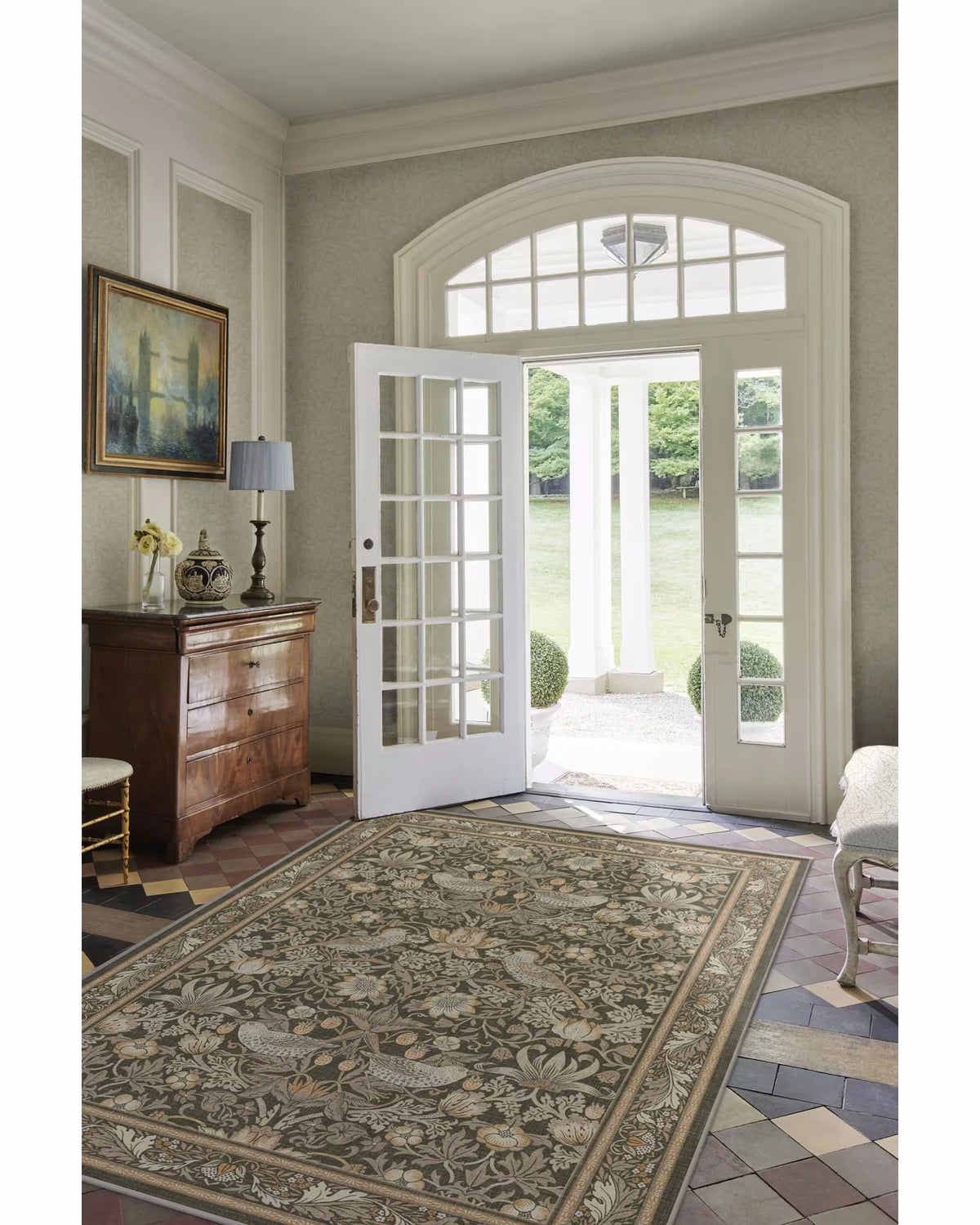 tapis floral oiseaux vert beige bleu rose classique salon chambre salle bainextérieur commercialisation 80x120cm