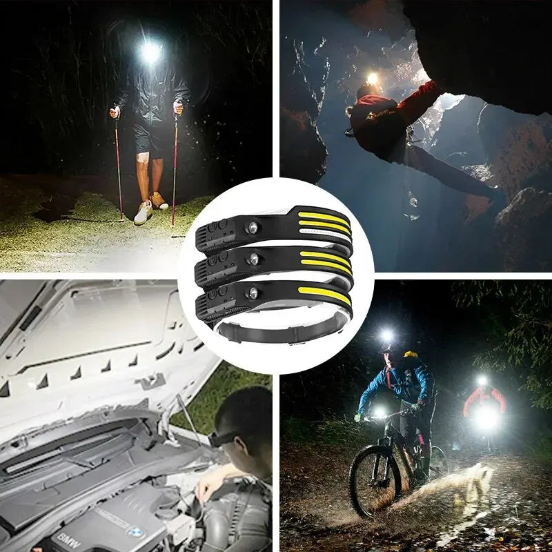lampe frontale led rechargeable capteur sauna mode ajustable ceinture noir jaune blanc