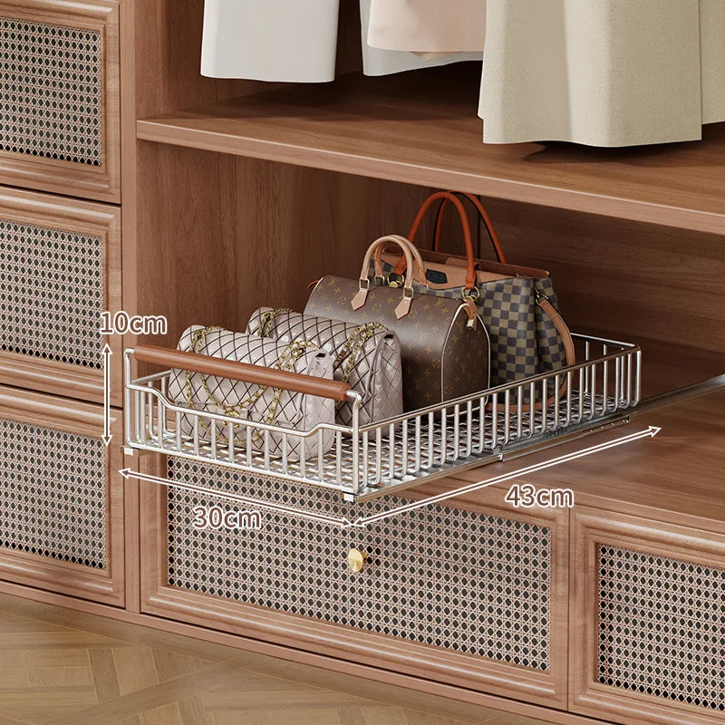 paniers rangement argenté moderne maille fine poignées cuir