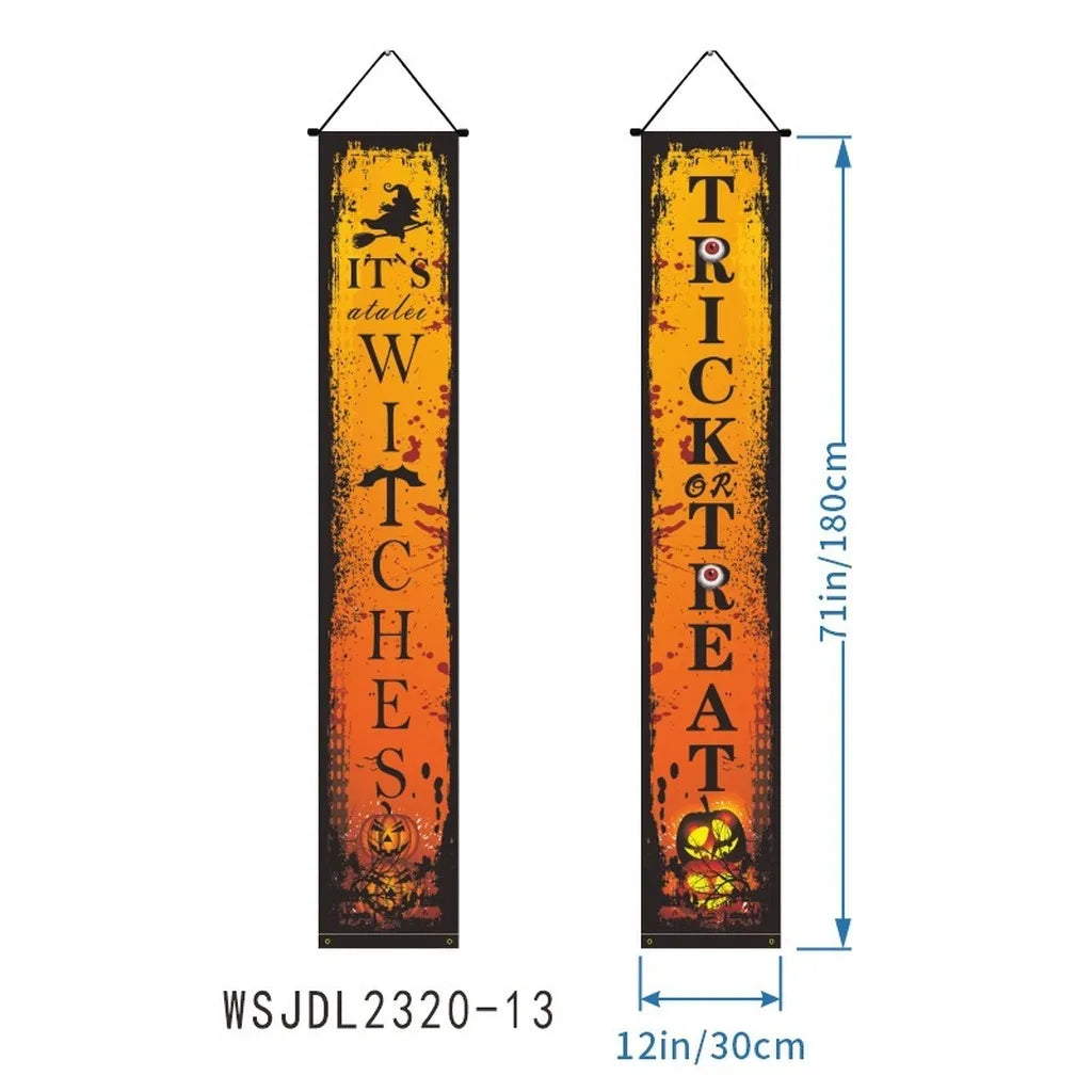 bannière suspendue halloween squelettes personnages costumés colonnes architecturales 180cm 30cm