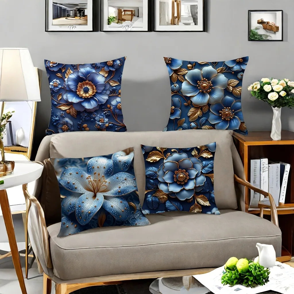 housse coussin motif floral bleu doré non tissé contemporain 45x45cm bleu clair ornemental voiture