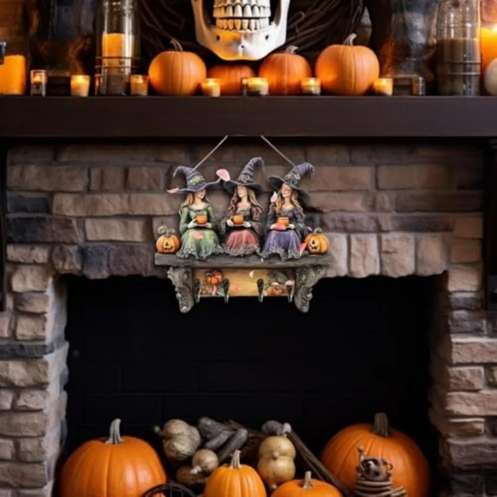 décoration murale halloween étagère sorcières citrouilles motifs floraux vintage crochets métalliques multicolore festive rustic