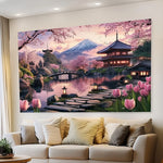 tableau mural paysage japonais fleurs cerisier tulipes montagne pagode pont eau rochers lanterne réaliste