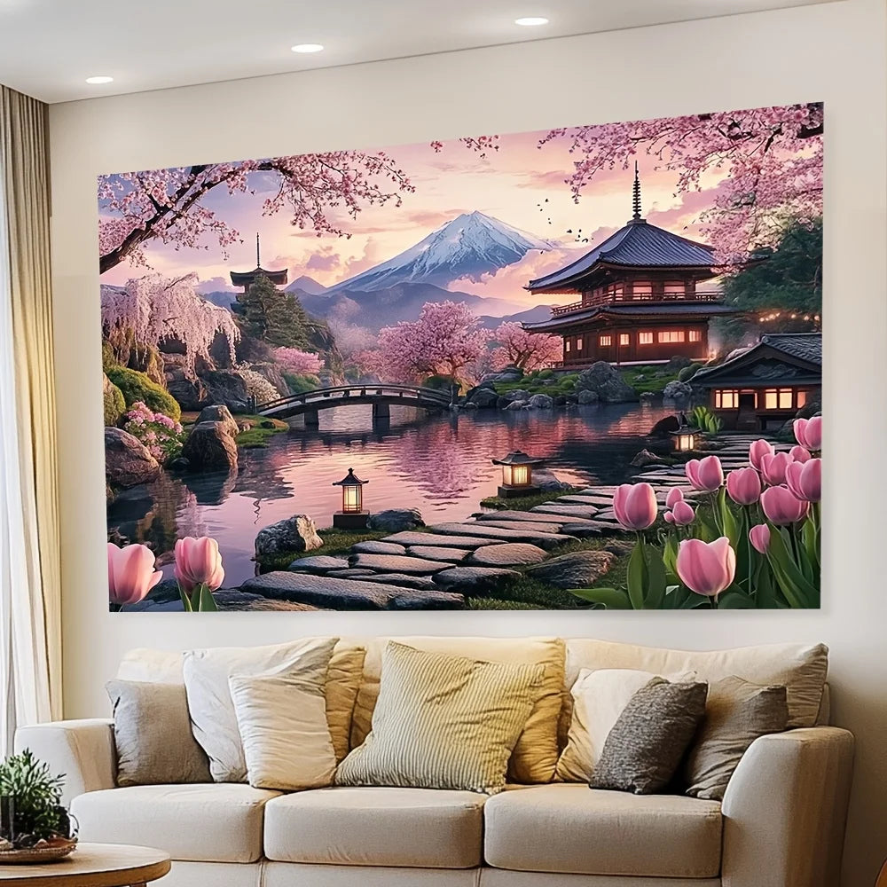 tableau mural paysage japonais fleurs cerisier tulipes montagne pagode pont eau rochers lanterne réaliste