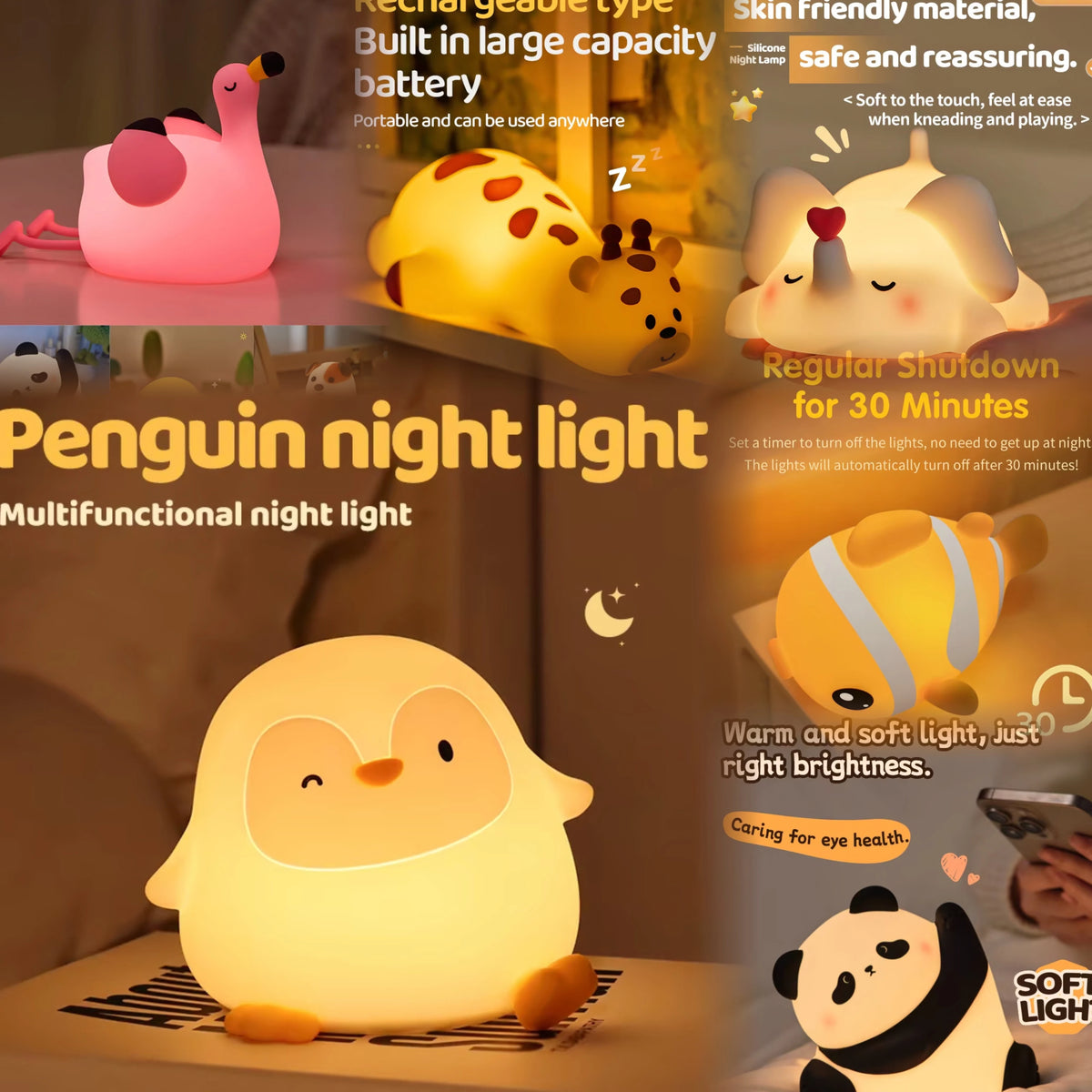 veilleuse lampe nuit animaux silicone rechargeable kawaii pingouin panda oiseau chien singe blanc jaune