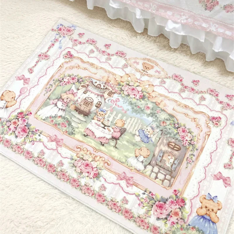 tapis vintage rose personnages animaux paysage champêtre fleurs intérieur extérieur