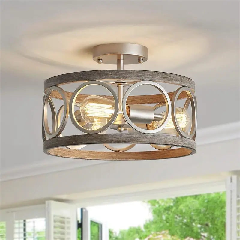 suspension lumineuse moderne rustique noir bois naturel anneaux métal argenté ampoules filament
