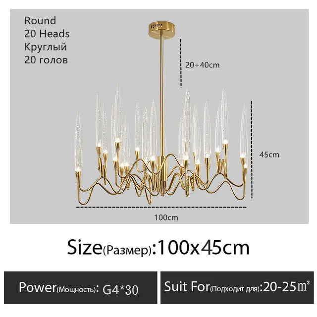 lustre moderne élégant cristal transparent filigrane doré salon chambre étude LED 2000 82000 lumens