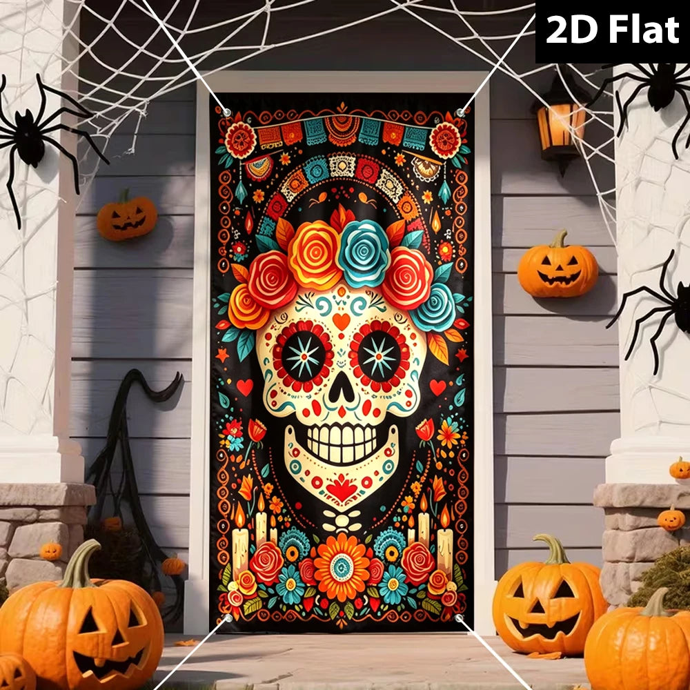 rideau porte halloween crâne fleurs traditionnelles artisanal festif noir rouge orange bleu blanc jaune