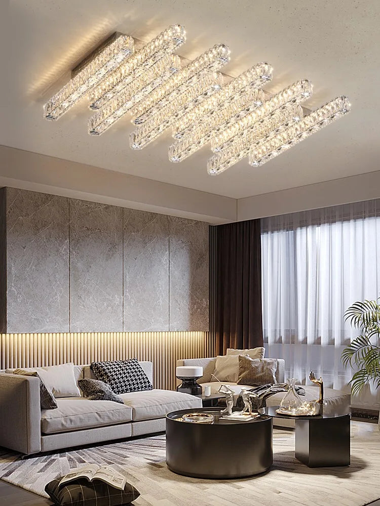 Lampe suspension cristal transparente argentée moderne tringle acier inoxydable led dimmable 10 15m²