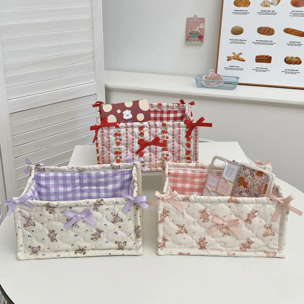panier rangement tissu vichy animal fleuri blanc rose violet doux texturé