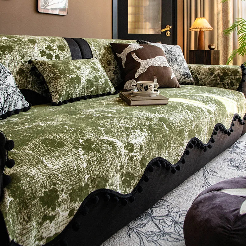 housse canapé moderne blanche taches noires pompons décoratifs protection salon tissu polyester élégant