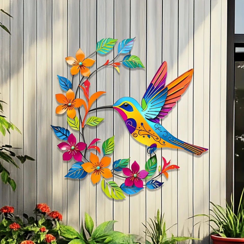 colibri oiseau métal multicolore floral artisanal oiseau fleurs feuilles deco murale patio salon chambre