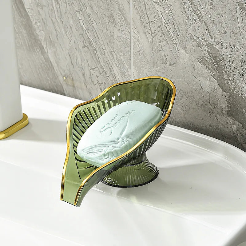 porte savon feuille transparente bord doré motif rayonné savon blanc vert orange moderne élégant