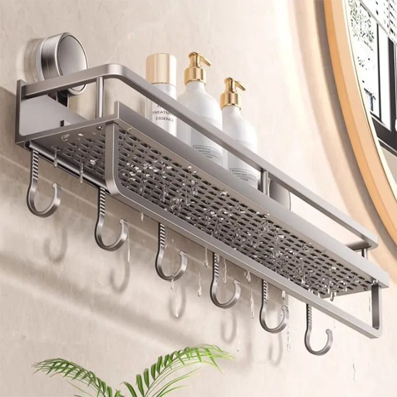 étagère salle bain argentée perforée moderne clips adhésifs crochets rechargeable murale aluminium