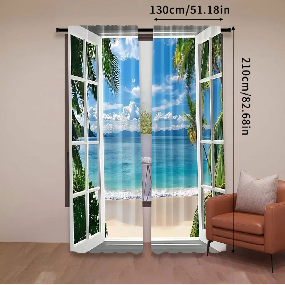 rideau moderne paysagiste marine palmiers ciel bleu plage blanche bleu vert blanc beige translucide
