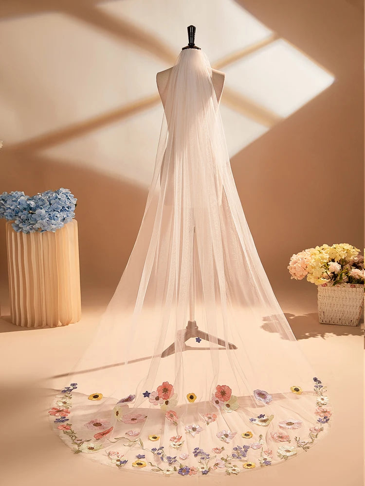 voile mariée rose clair fleurs colorées classique 230cm translucide bord appliqué