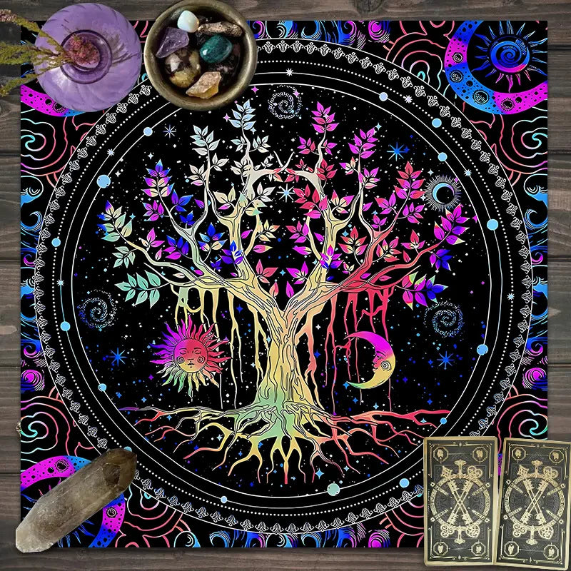 tapis décoratif arbre vie étoiles mystiques tarot printemps été noir bleu violet rose doré