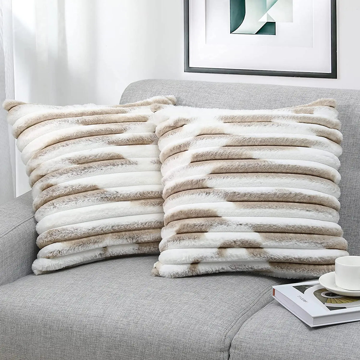 coussin carré rayé beige blanc moderne salon hiver 45x45cm machine lavable