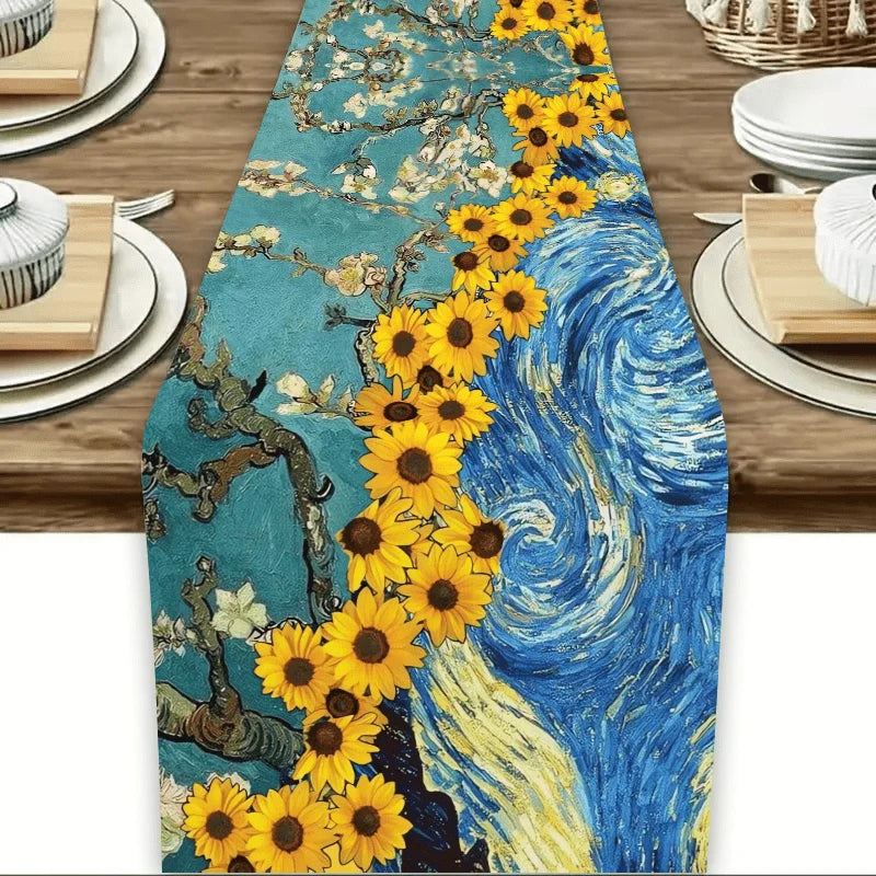 tableau moderne tournesol bleu jaune blanc décoration table élégante artistique cuisine restaurant mariage fête