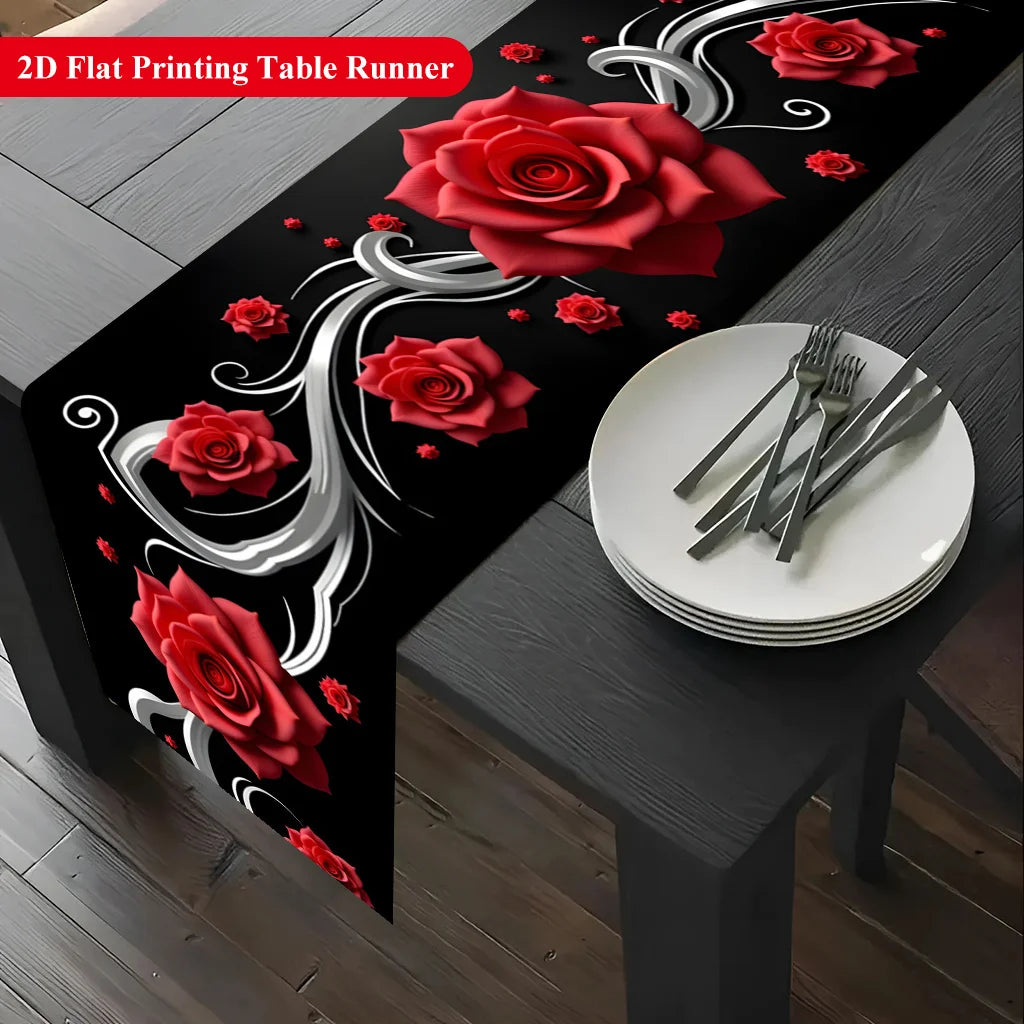 nappe runner fleurs roses relief fond noir décoratif argenté table manger