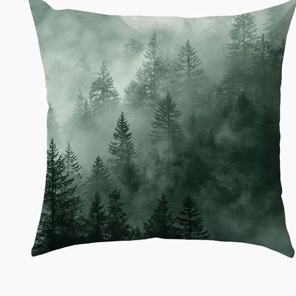 taies d'oreiller imprimées forêt brumeuse polyester peacheskin 40x40cm 45x45cm 50x50cm 60x60cm zip closure naturel
