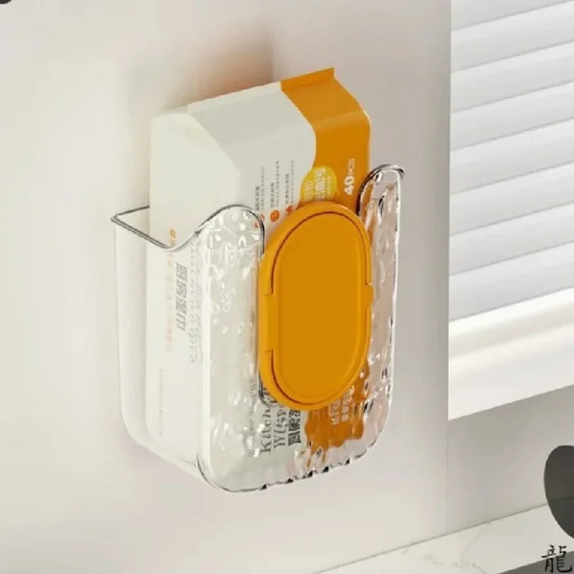rangement mural porte mouchoirs adhésif moderne minimaliste transparent argenté orange bleu blanc