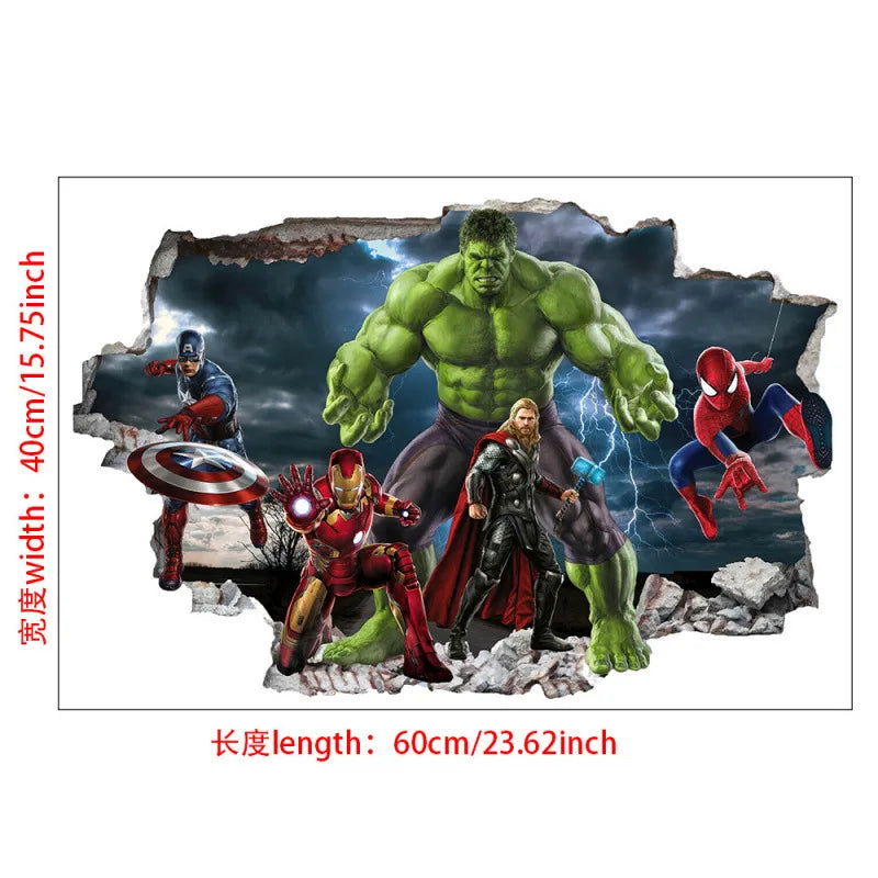 sticker mural 3d super héros hulk iron man captain america thor rouge bleu vert