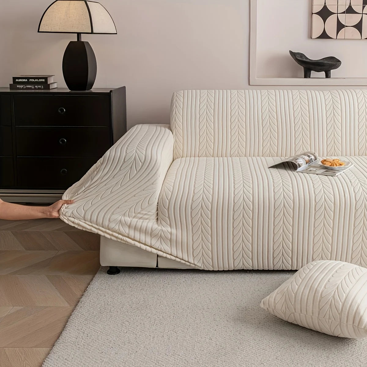 housse canapé polyester jacquard rayures verticales moderne beige clair salon lavable machine doux accueil
