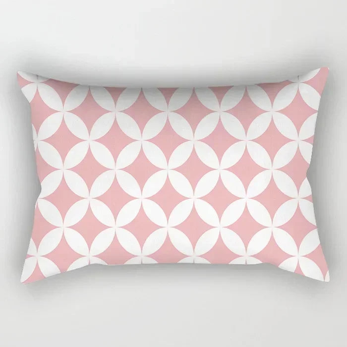taie d'oreiller rectangulaire rose blanc doré motif géométrique moderne lit chambre décoration maison