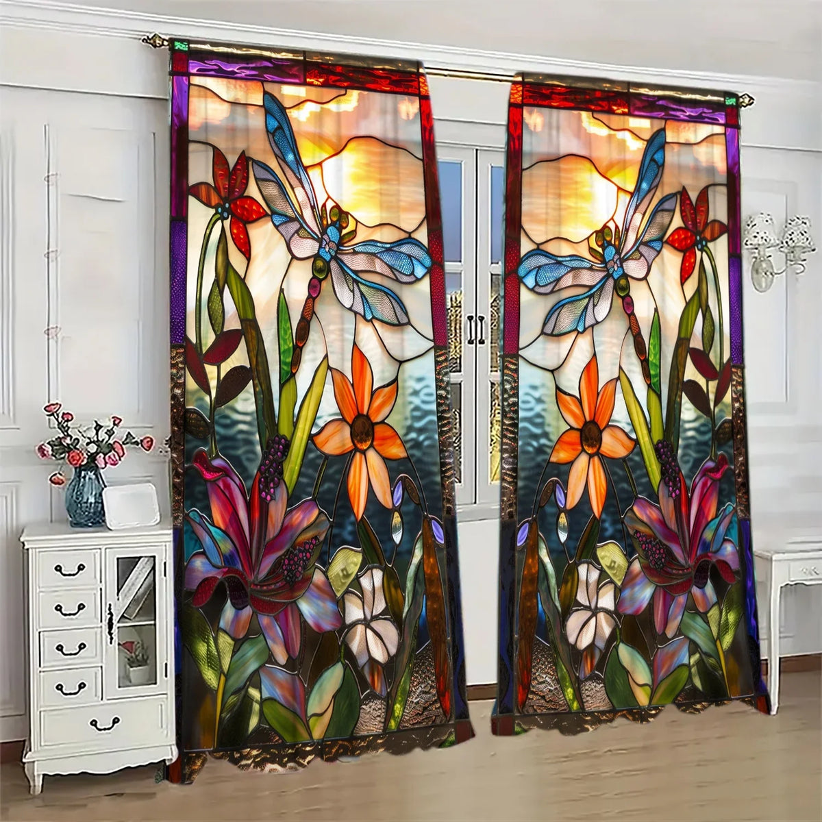 rideau floral multicolore semi transparent art deco métalliques deux pièces polyester européen