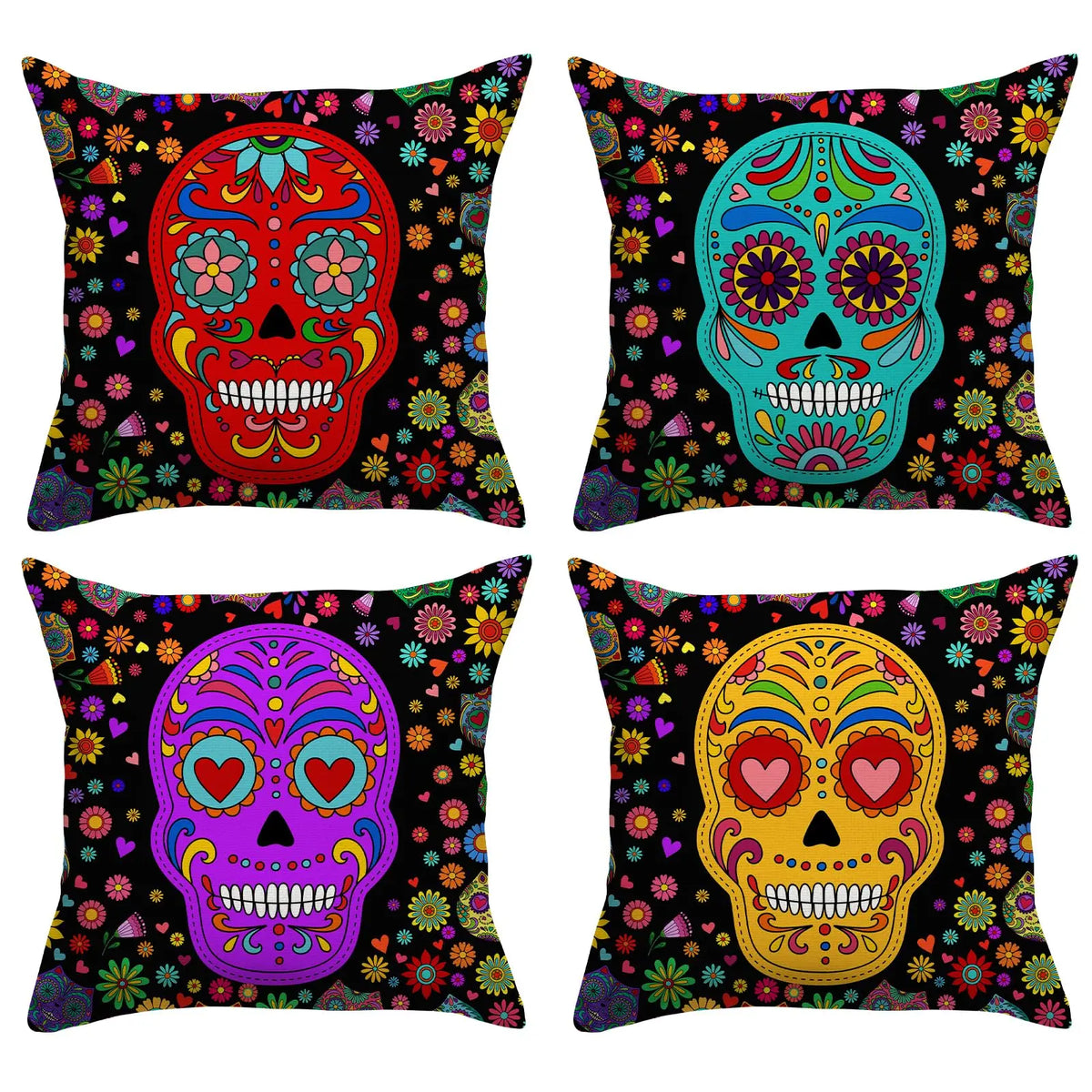 lot taies d'oreiller carrées crâne mexicain fleurs pop art violet bleu rose