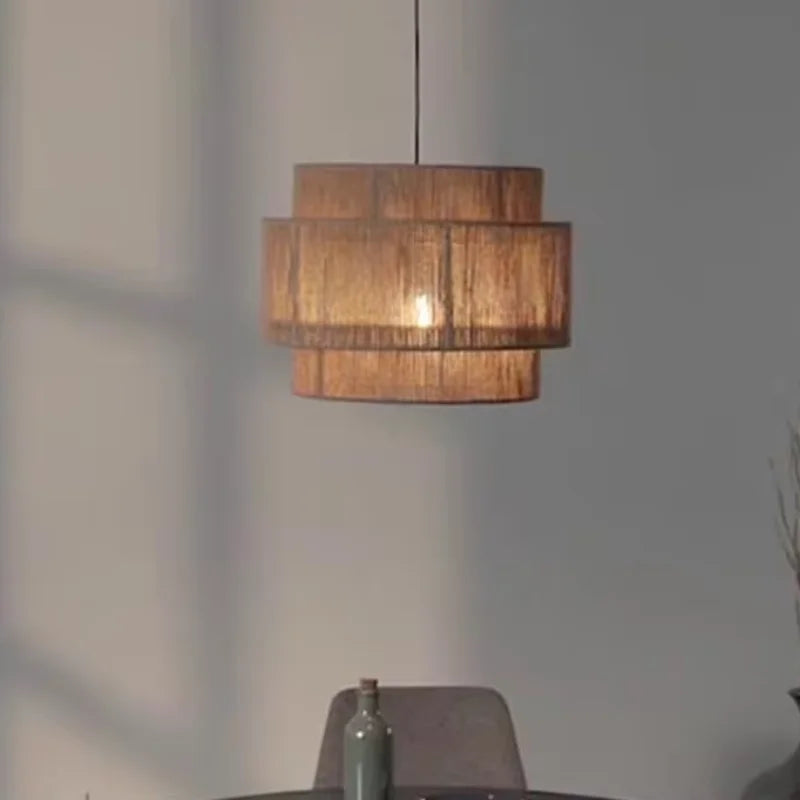 Suspension lumineuse tissu marron clair moderne rustique câble noir chambre salon