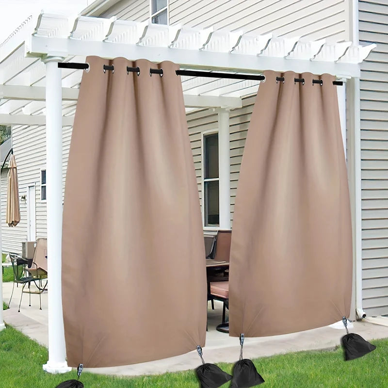 rideaux extérieurs moderne beige noir opaques sacs lestés clips tringle attacheextérieur patio cabana