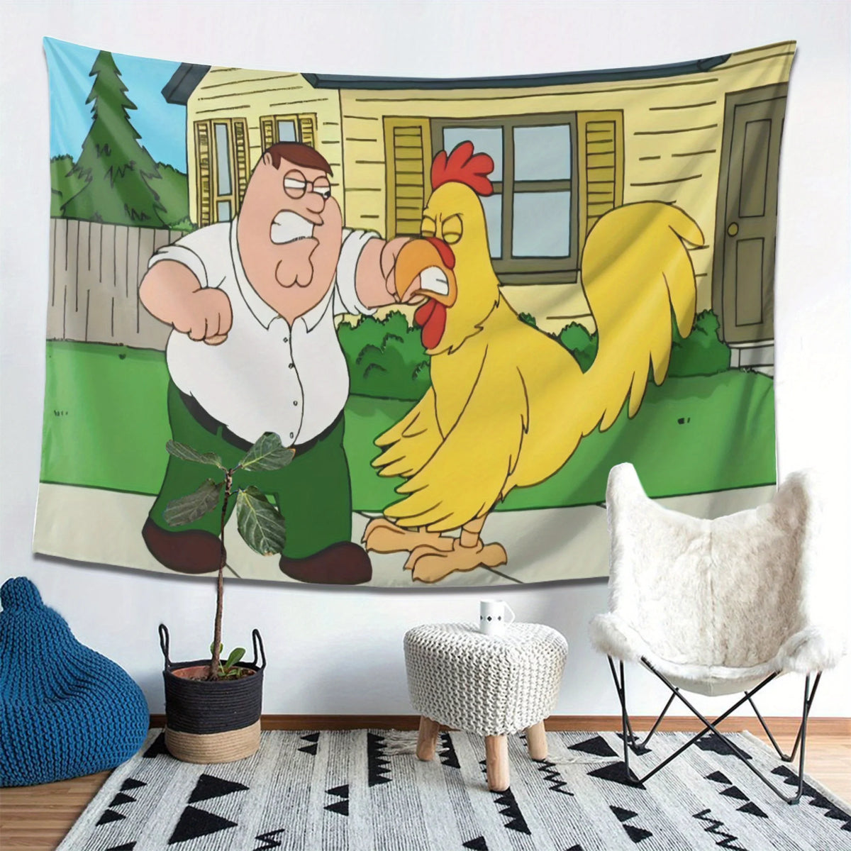 tapisserie dessin animé peter griffin poulet paysage maison durable polyester blanc vert jaune