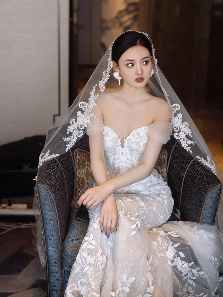 voile mariage blanc dentelle broderie florale élégant invisible off white polyestère femme