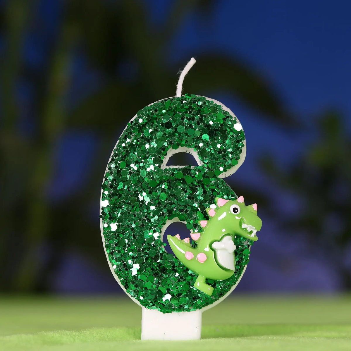 bougies anniversaire forme chiffre glitter vert dinosaure décoratives tringle inclusion boîte transparente