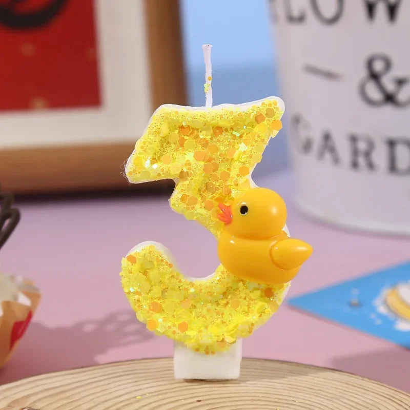 bougies chiffres canard jaune paillettes dorées anniversaire décoration enfantino festive opaques