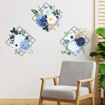 décoration murale moderne fleurs feuillage cadre métallique adhésif intérieur bleu blanc vert doré