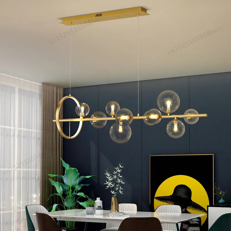 suspension lumineuse moderne or boules verre transparentes têtes G9 led chambre cuisine