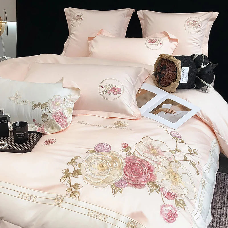 ensemble literie rose clair broderie florale 100 coton king full queen