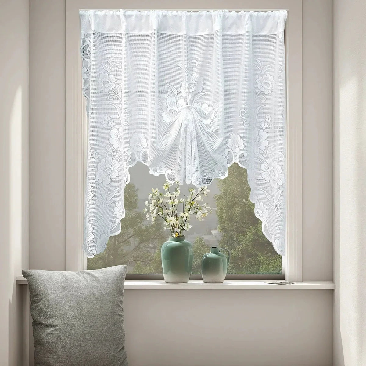 rideau floral transparent polyester blanc dentelle champêtre plissé intérieur extérieur boutiquehôtelcafé