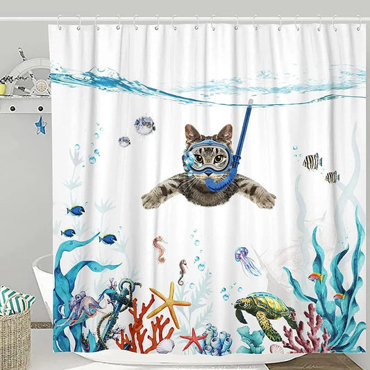 Rideau de douche chat plongeur dans un décor marin