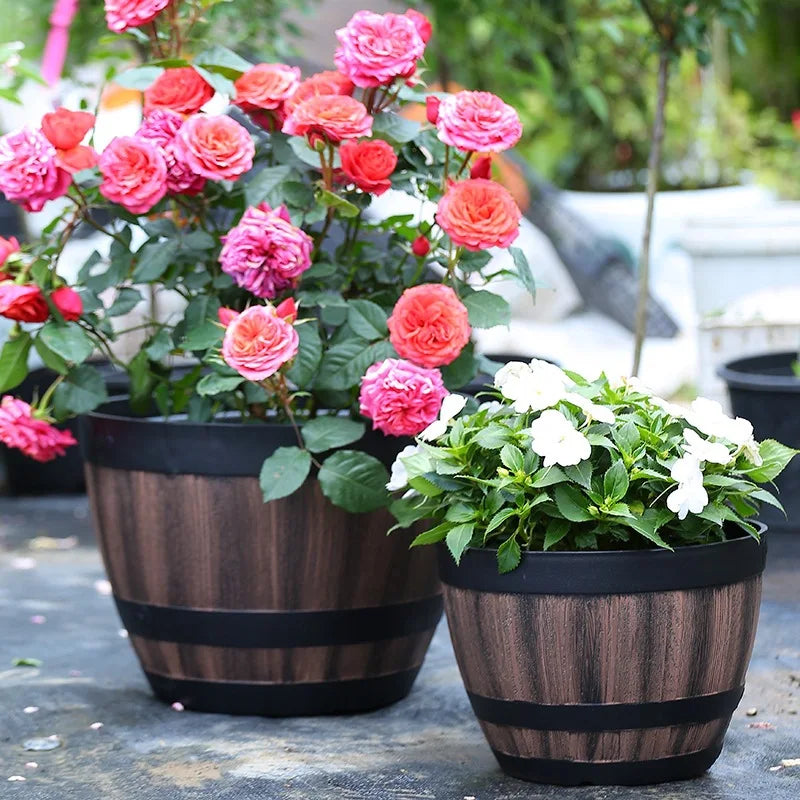 pots fleurs imitation bois rustique marron noir bandes horizontales trou drainage largeur hauteur base
