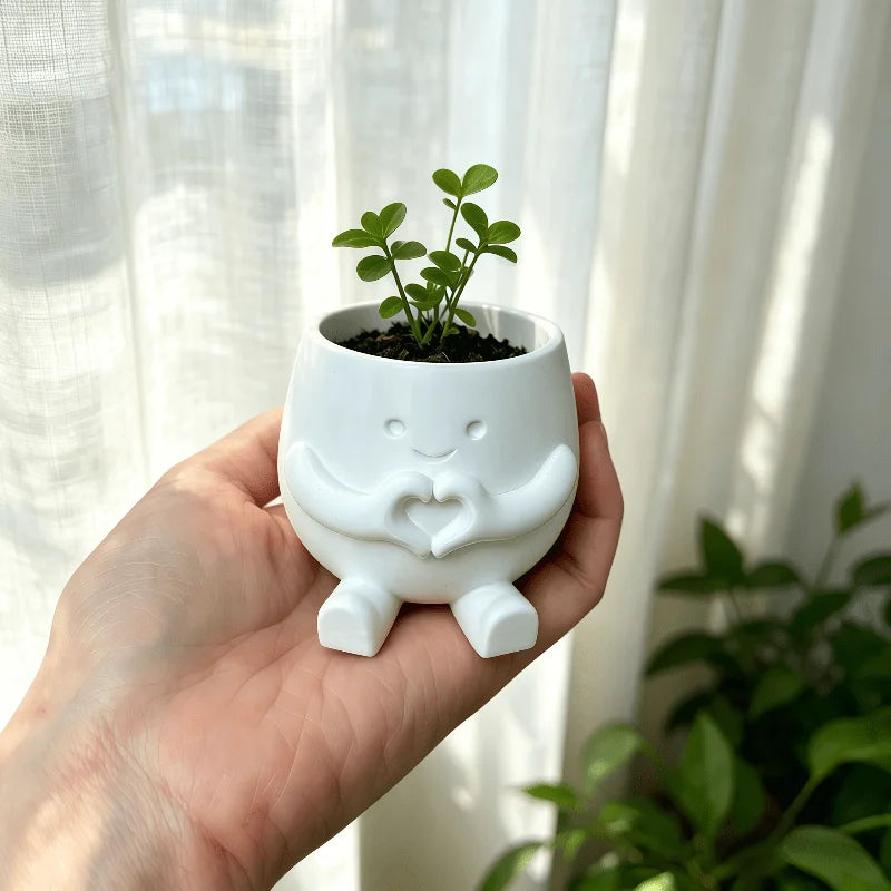 cache pot mignon main coeur souriant blanc vert pastel plantes succulentes décoration intérieure