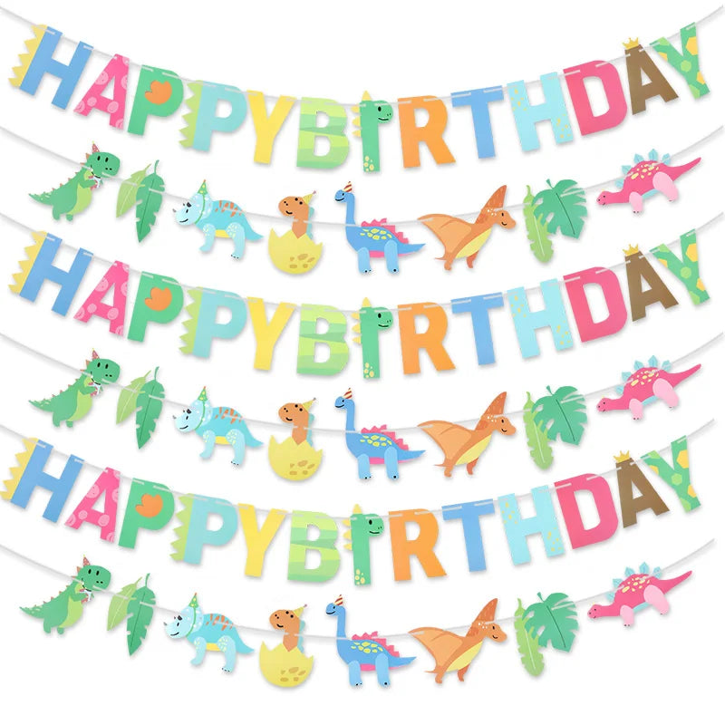 guirlande anniversaire multicolore lettres dinosaures feuilles jungle festive