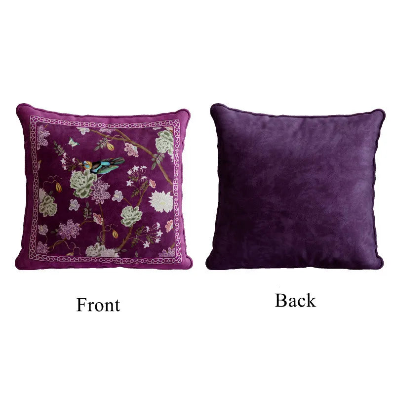 coussin carré velours fleur peony oiseau classique vert rose violet blanc