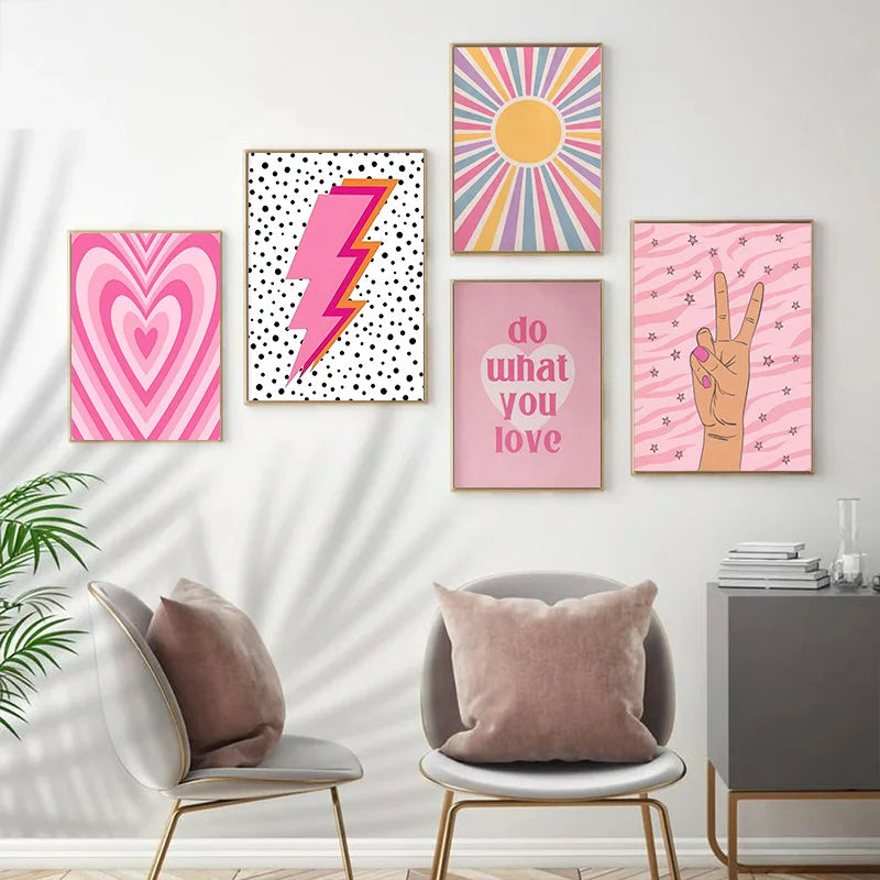 tableau toile rose coeur foudre soleil décoration murale salon moderne peinture pop art